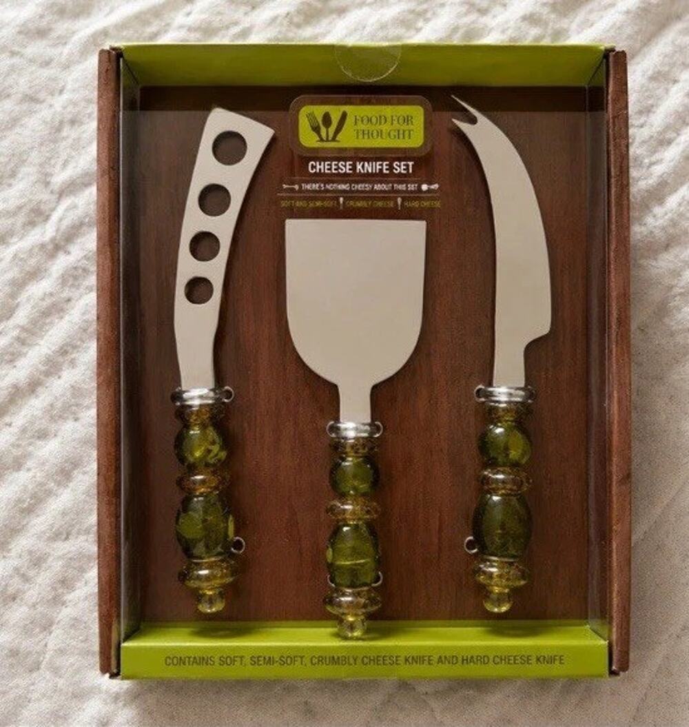 Food for Thought 3 Piece Cheese Knife Set Green Handles Pier 1 Imports New NIB